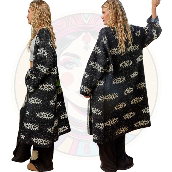 T394 POL Black and Cream Evil Eye Pattern Cardigan Sweater - Picture 2 of 2